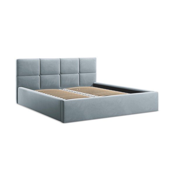 Letto matrimoniale imbottito azzurro in velluto con contenitore con rete inclusa 140x200 cm Hiko – Makamii