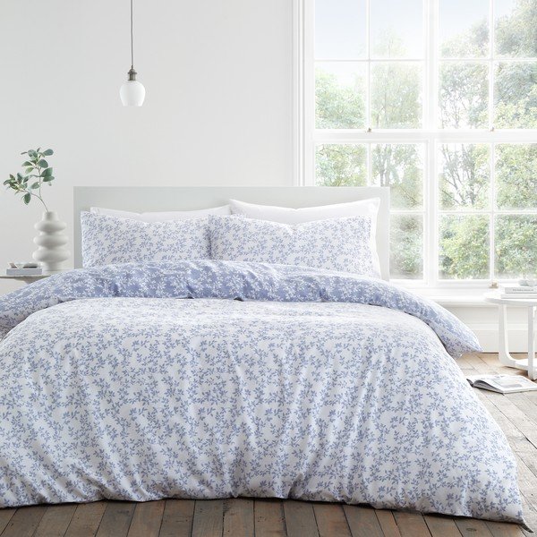 Set copripiumino e federa blu in percalle di cotone per letto matrimoniale/per letto esteso 3 pezzi 230x220 cm Shadow Leaves – Bianca-image-2