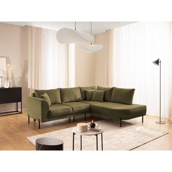 Divano angolare verde (con penisola a destra/a L) con rivestimento in ciniglia Mauris  – Ropez-image-1