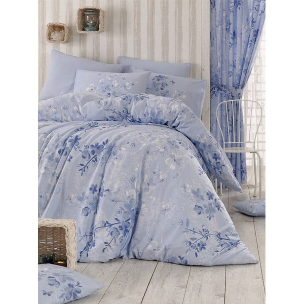 Lenzuolo e copriletto 220x240 cm per letto matrimoniale, in cotone esteso blu chiaro Elena - Mijolnir