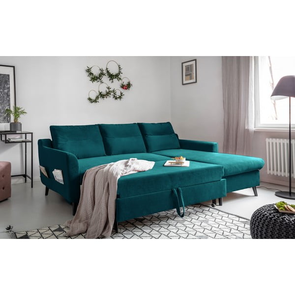 Divano letto angolare in velluto turchese, angolo destro Stylish Stan - Miuform-image-4