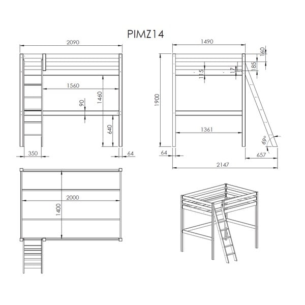 Letto da bambini rialzato bianco con rete inclusa 140x200 cm Pino – Vipack-image-2