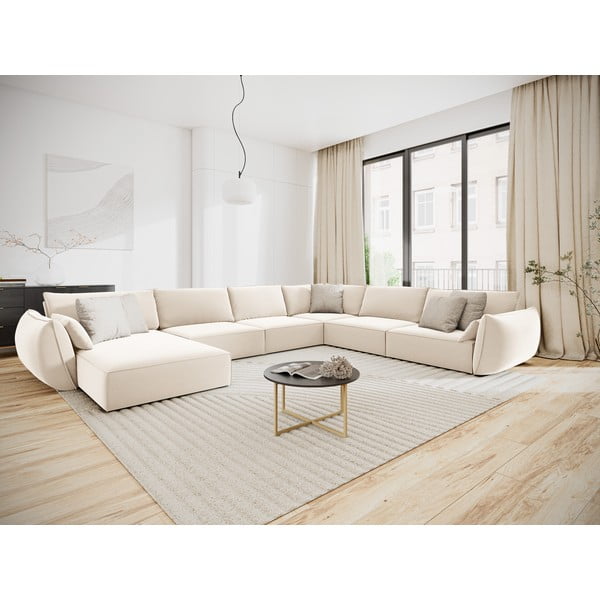 Divano angolare beige (con penisola a destra/a U) con rivestimento in velluto Vanda – Mazzini Sofas-image-1