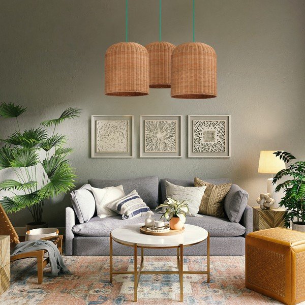 Lampada a sospensione di colore turchese-naturale con paralume in rattan ø 30 cm - SULION-image-1