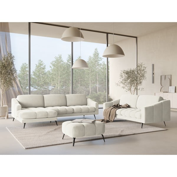 Divano angolare color crema (con penisola a sinistra) con rivestimento in velluto Nalu – Makamii-image-1