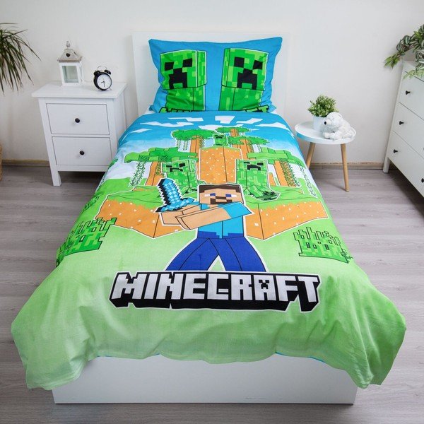Biancheria da letto per bambini con effetto fosforescente in cotone per letto singolo 140x200 cm Minecraft "Jungle Fight" – Jerry Fabrics-image-1