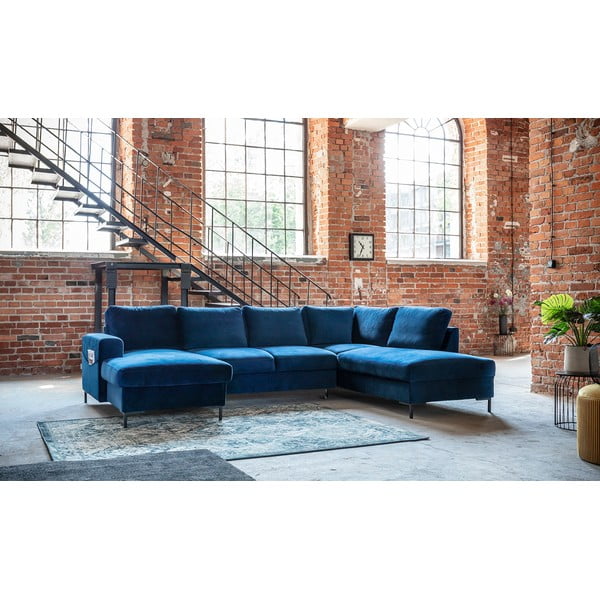 Divano letto a U in velluto blu navy, angolo destro Lofty Lilly - Miuform-image-1