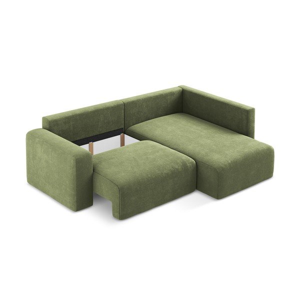 Divano angolare verde allungabile/con contenitore (con penisola a destra/a L) con rivestimento in ciniglia Kona – Makamii-image-4