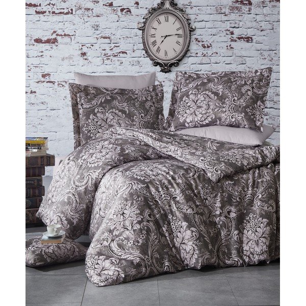 Lenzuola in cotone sateen grigio e marrone con lenzuolo Nazenin Home Osco, 200 x 220 cm - Mijolnir