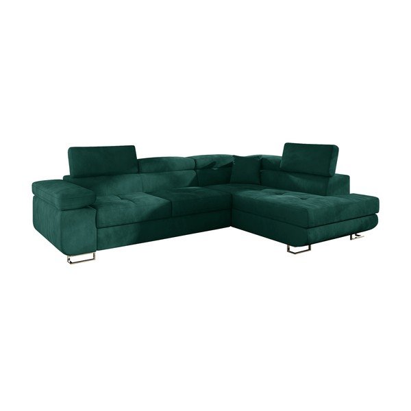 Divano angolare verde allungabile/con contenitore (con penisola a destra/a L) e rivestimento in velluto Anton – ELTAP-image-2
