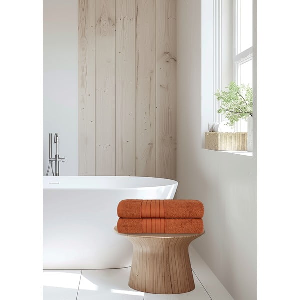 Set di 2 asciugamani in spugna di cotone color rosso mattone 70x140 cm - Good Morning-image-1