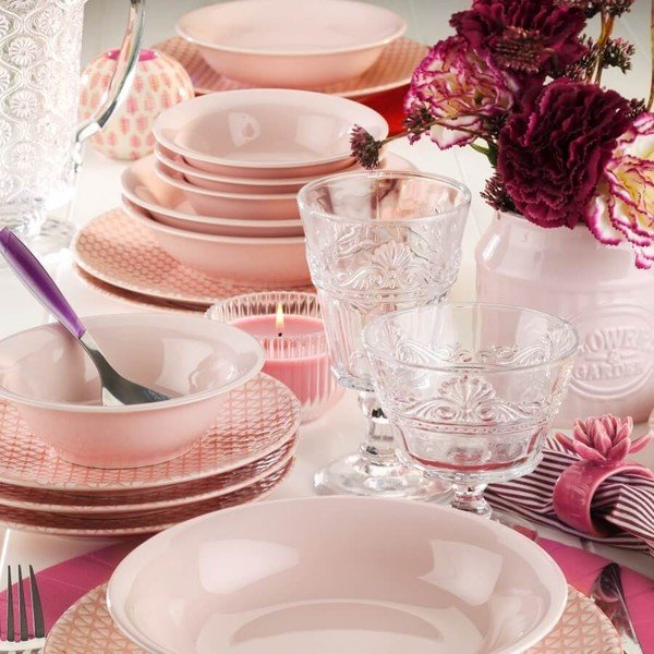 Set di 24 pezzi di piatti in porcellana rosa e bianca Amelia - Kütahya Porselen-image-1
