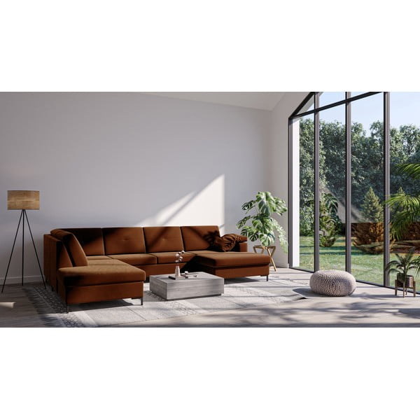 Divano letto a U in velluto arancione scuro, angolo sinistro Moor - Ghado-image-1