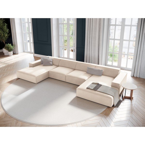 Divano angolare componibile color crema (a U) con rivestimento in velluto Jodie – Micadoni -image-1