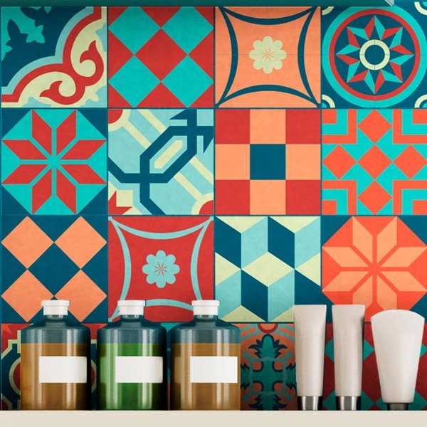 Set di 16 adesivi murali Tiles Azulejos Colorful Vintage Style, 10 x 10 cm - Ambiance