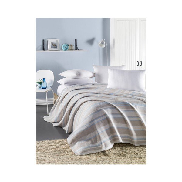 Copriletto in cotone leggero trapuntato blu e beige Runino Overra, 160 x 220 cm - Mijolnir