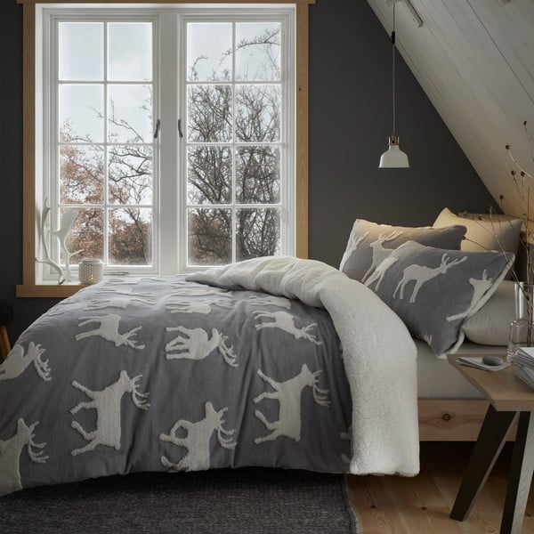 Biancheria da letto bianco-grigia 200x200 cm Stag Sherpa - Catherine Lansfield-image-1