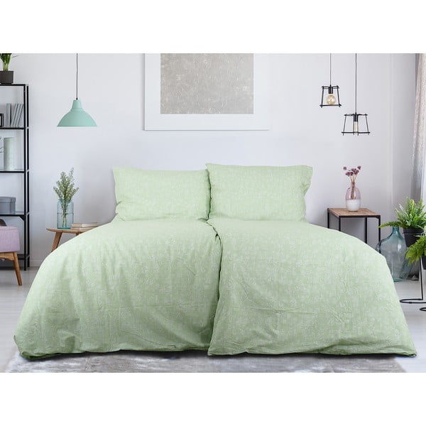 Set copripiumino e federa verde in crêpe per letto singolo 140x200 cm Green Flowers – B.E.S.