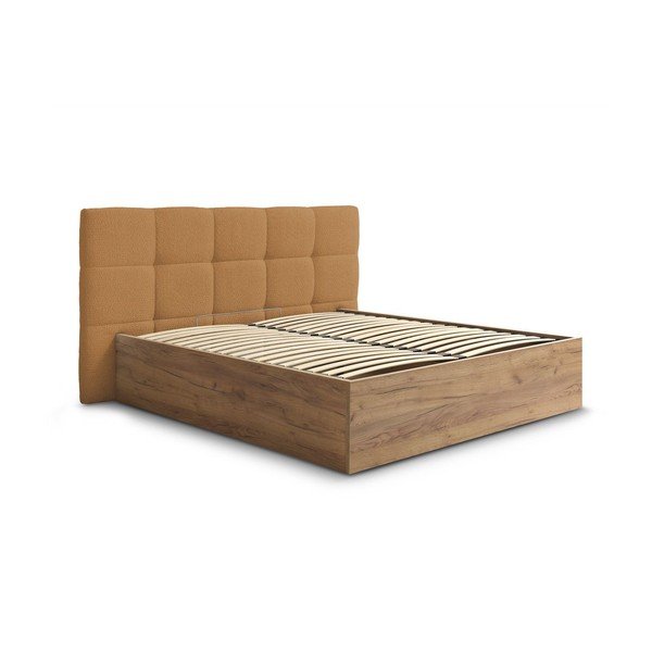 Letto matrimoniale imbottito/in truciolato giallo ocra imbottito con contenitore con rete inclusa 160x200 cm Kumo – Bobochic Paris