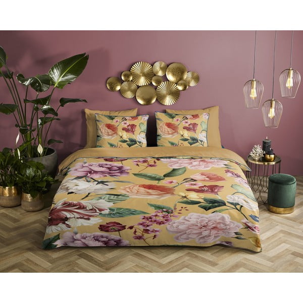 Set copripiumino e federa giallo ocra in raso di cotone per letto matrimoniale ed esteso 240x220 cm Fiori – Descanso-image-1