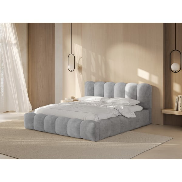 Letto matrimoniale imbottito grigio chiaro con spazio contenitivo e rete 200x200 cm Lupine - Micadoni Home-image-1