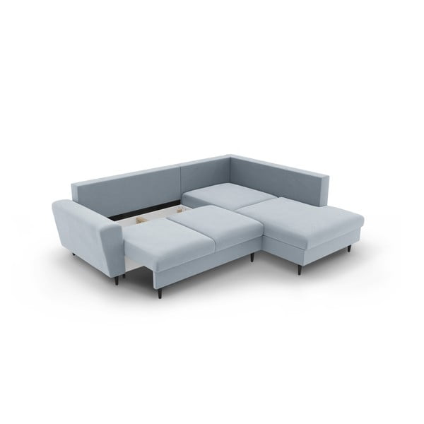 Divano angolare azzurro allungabile e con contenitore (con penisola a destra/a L) con rivestimento in velluto Kyoto – Cosmopolitan Design-image-3