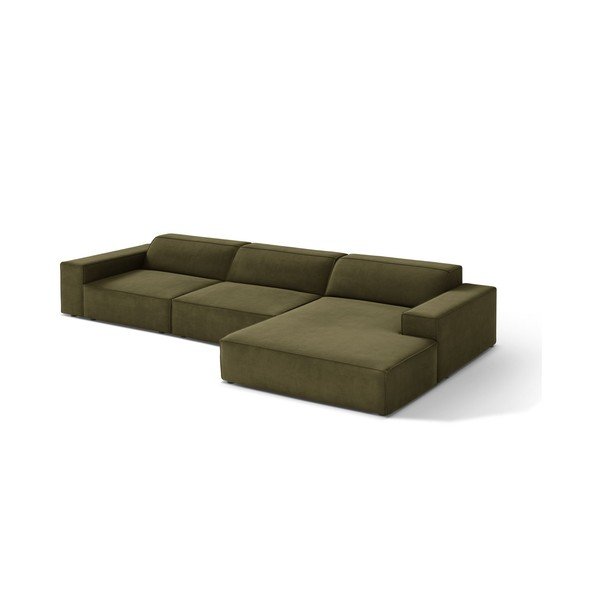 Divano angolare componibile color kaki (con penisola a destra/con chaise lounge) con rivestimento in velluto Jodie – Micadoni 