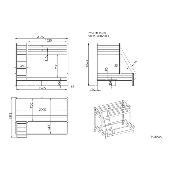 Letto a castello grigio per bambini 140x200/90x200 cm Pino - Vipack-image-2