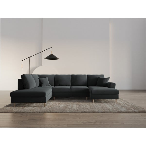 Divano angolare grigio scuro allungabile e con contenitore (con penisola a sinistra/a U) con rivestimento in velluto Kyoto – Cosmopolitan Design-image-2