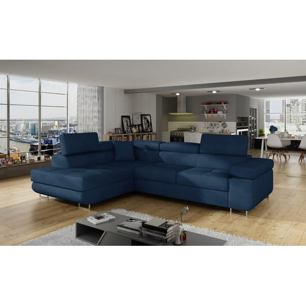 Divano angolare blu allungabile/con contenitore (con penisola a sinistra/a L) e rivestimento in velluto Anton – ELTAP-image-3