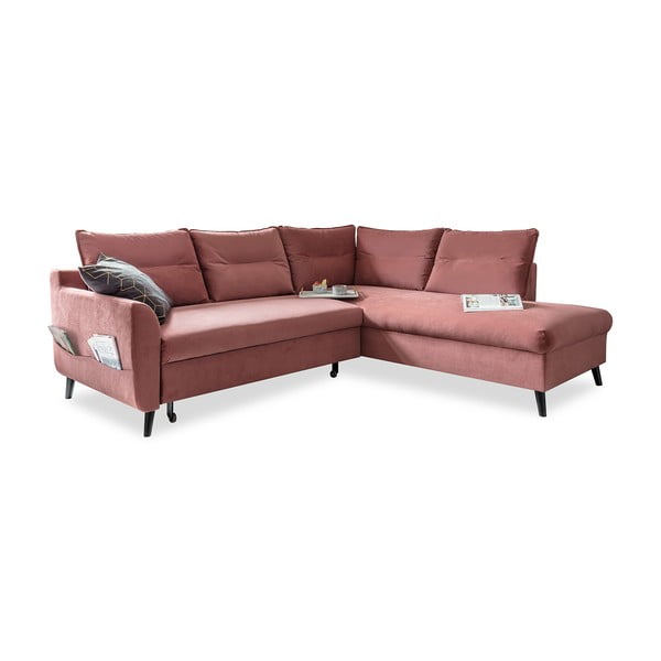 Divano letto angolare in velluto rosa L, angolo destro Stylish Stan - Miuform