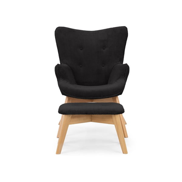 Poltrona con poggiapiedi nera con rivestimento in velluto a coste Niko – Ropez-image-3