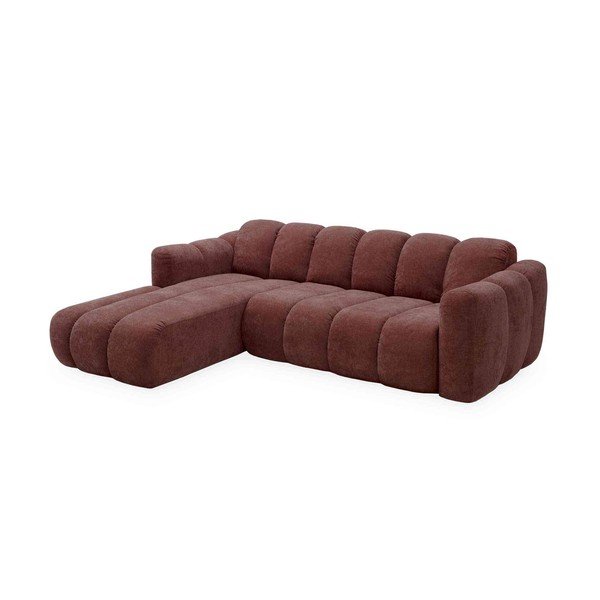 Divano angolare rosso allungabile (con penisola a sinistra) con rivestimento in ciniglia Michell – Miuform