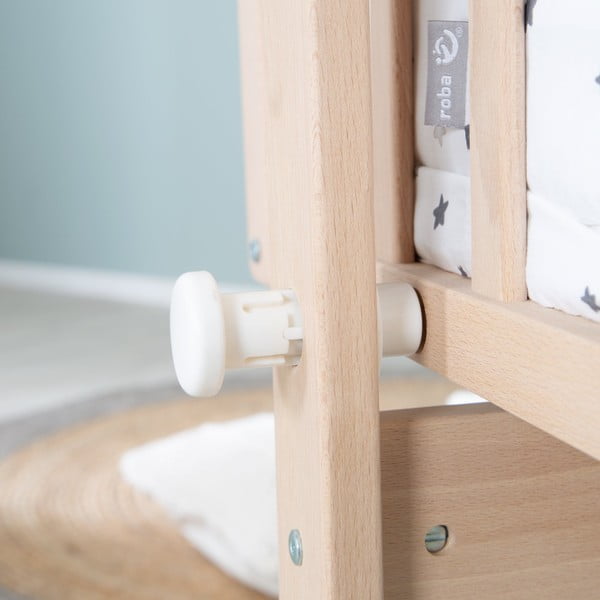 Culla di colore naturale in faggio massiccio con ruote e baldacchino 40x90 cm – Roba-image-3