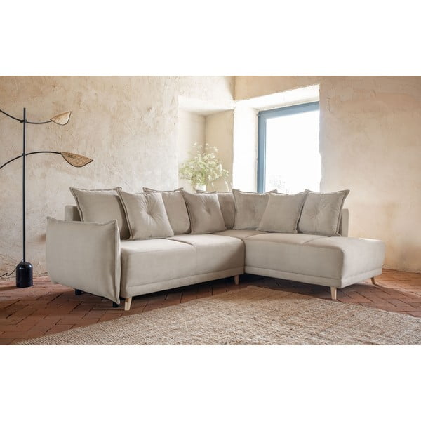 Divano letto angolare in velluto a coste beige (angolo destro) Lazy Lukka - Miuform-image-1