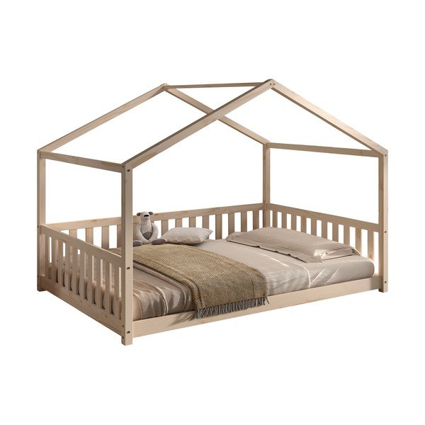 Letto da bambini a forma di casa di colore naturale in pino massiccio con rete inclusa 140x200 cm Dallas – Vipack-image-2