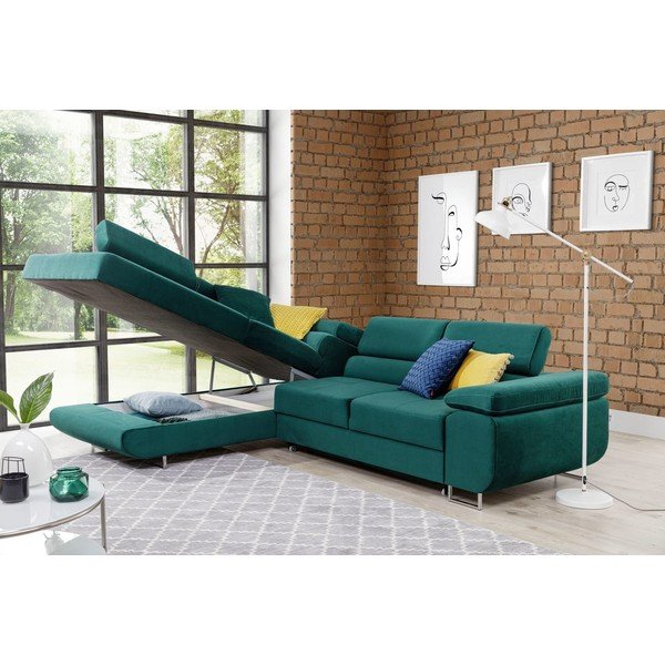 Divano angolare verde allungabile/con contenitore (con penisola a sinistra/a L) e rivestimento in velluto Anton – ELTAP-image-3