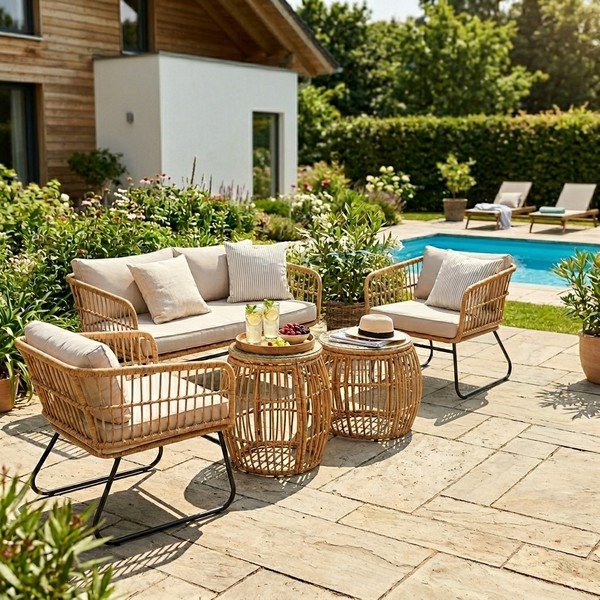 Mobili da giardino in rattan artificiale beige Vistdal - Bonami Essentials-image-1