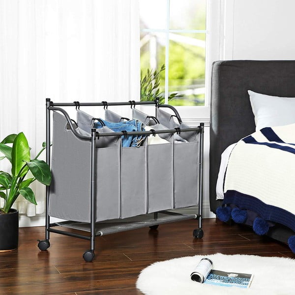 Cesto grigio con ruote e 4 segmenti per il bucato - Songmics-image-3