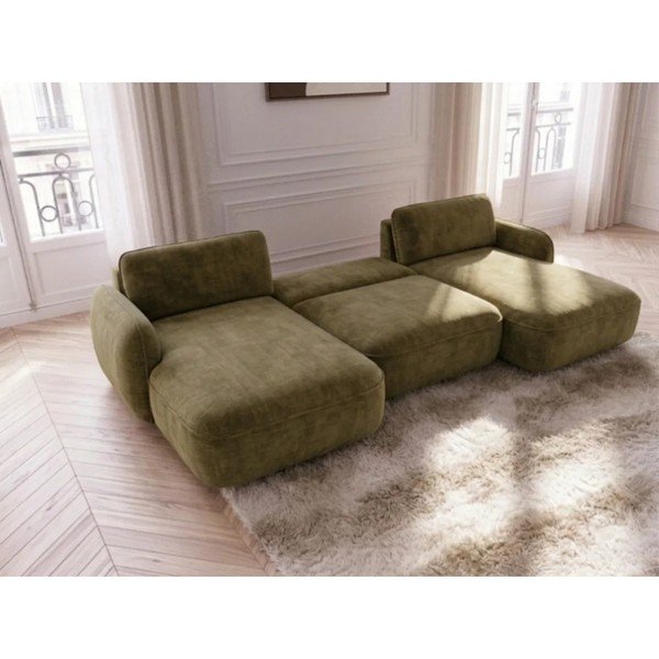 Divano angolare verde allungabile/con contenitore (a U) con rivestimento in velluto Celeste – Bobochic Paris-image-2