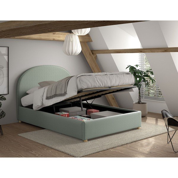 Letto matrimoniale imbottito verde con contenitore con rete inclusa 140x200 cm Moon – Vipack-image-1