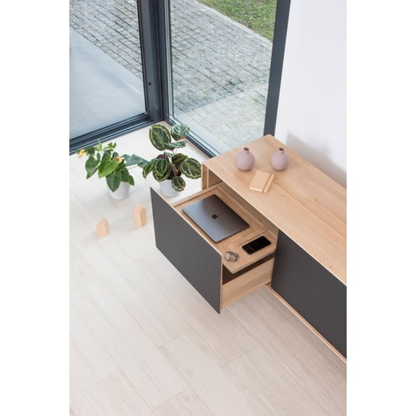 Mobile TV nero-color legno naturale in legno di quercia 180x64 cm Fina - Gazzda-image-4