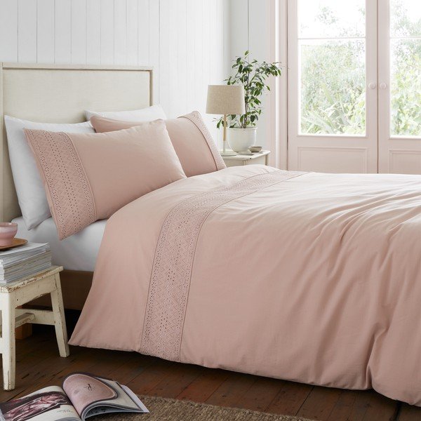 Set copripiumino e federa rosa per letto matrimoniale e per letto esteso 230x220 cm Broderie Anglaise – Catherine Lansfield-image-1