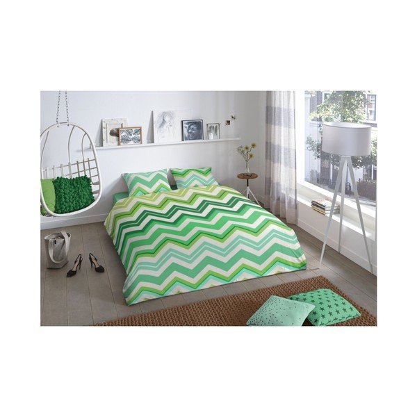 Lenzuolo singolo in cotone verde Zigzag, 140 x 200 cm - Good Morning-image-1