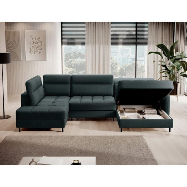Divano angolare verde allungabile/con contenitore (con penisola a sinistra/a U) e rivestimento in velluto Berrto – ELTAP-image-3
