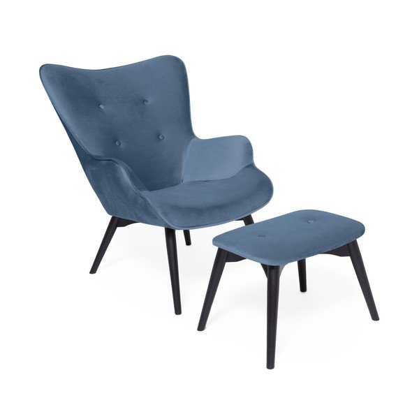 Poltrona e poggiapiedi blu con poggiapiedi nero Cora Velvet - Vivonita