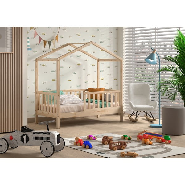 Letto da bambini a forma di casa di colore naturale in pino massiccio con rete inclusa 70x140 cm DALLAS – Vipack-image-1