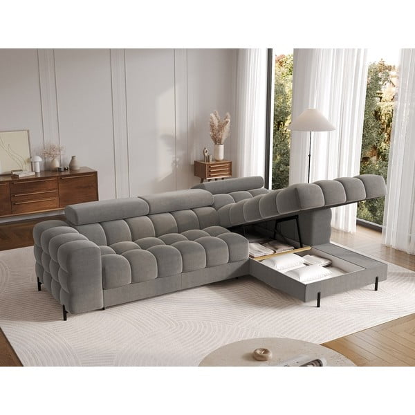 Divano angolare grigio tortora allungabile/con contenitore (con penisola a destra/con chaise lounge) con rivestimento in velluto Felro – ELTAP-image-4