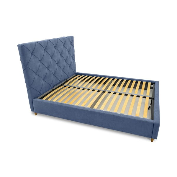 Letto matrimoniale imbottito blu con contenitore e griglia 160x200 cm Bee - Scandic-image-4