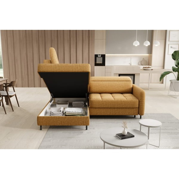 Divano angolare giallo allungabile/con contenitore (con penisola a sinistra/a L) e rivestimento in velluto Barea – ELTAP-image-4